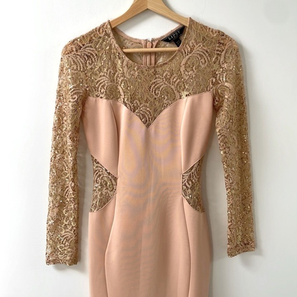 Lipsy maxi bodycon longsleeve lace sequins mermaid dress cream rose gold sz 4 - Picture 2 of 15